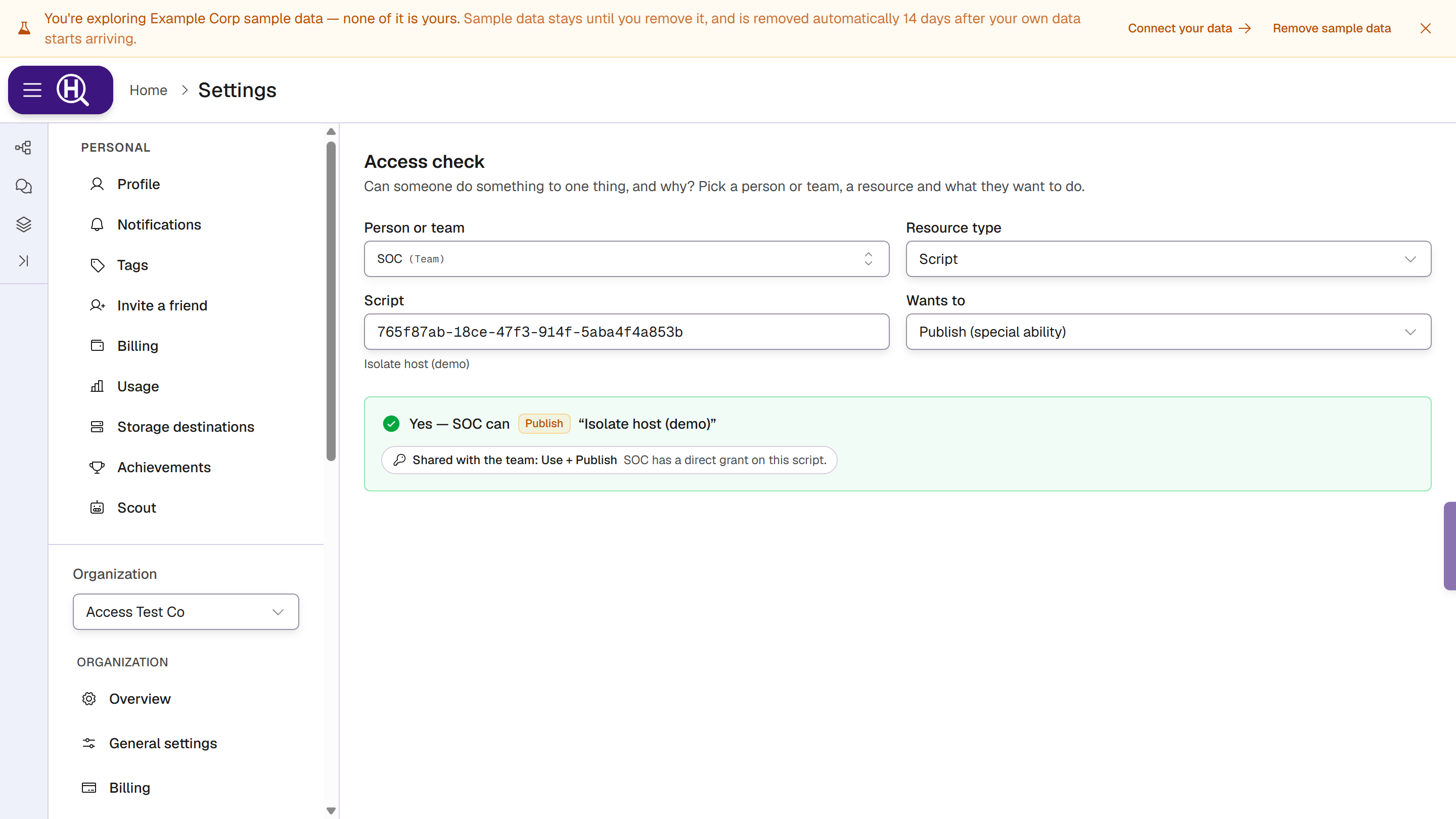 Access check answering Yes for the SOC team publishing a script, with the decision step "Shared with the team: Use + Publish"
