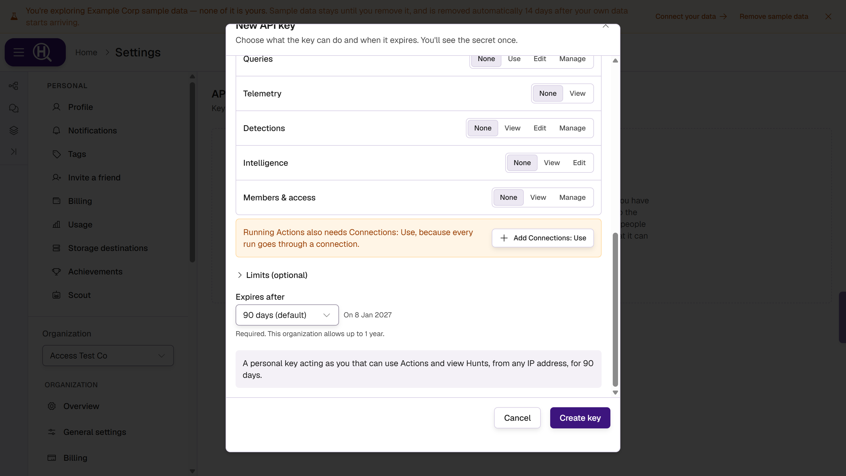New API key dialog with Actions on Use and the hint that running Actions also needs Connections: Use, with Add Connections: Use, the expiry and the summary sentence