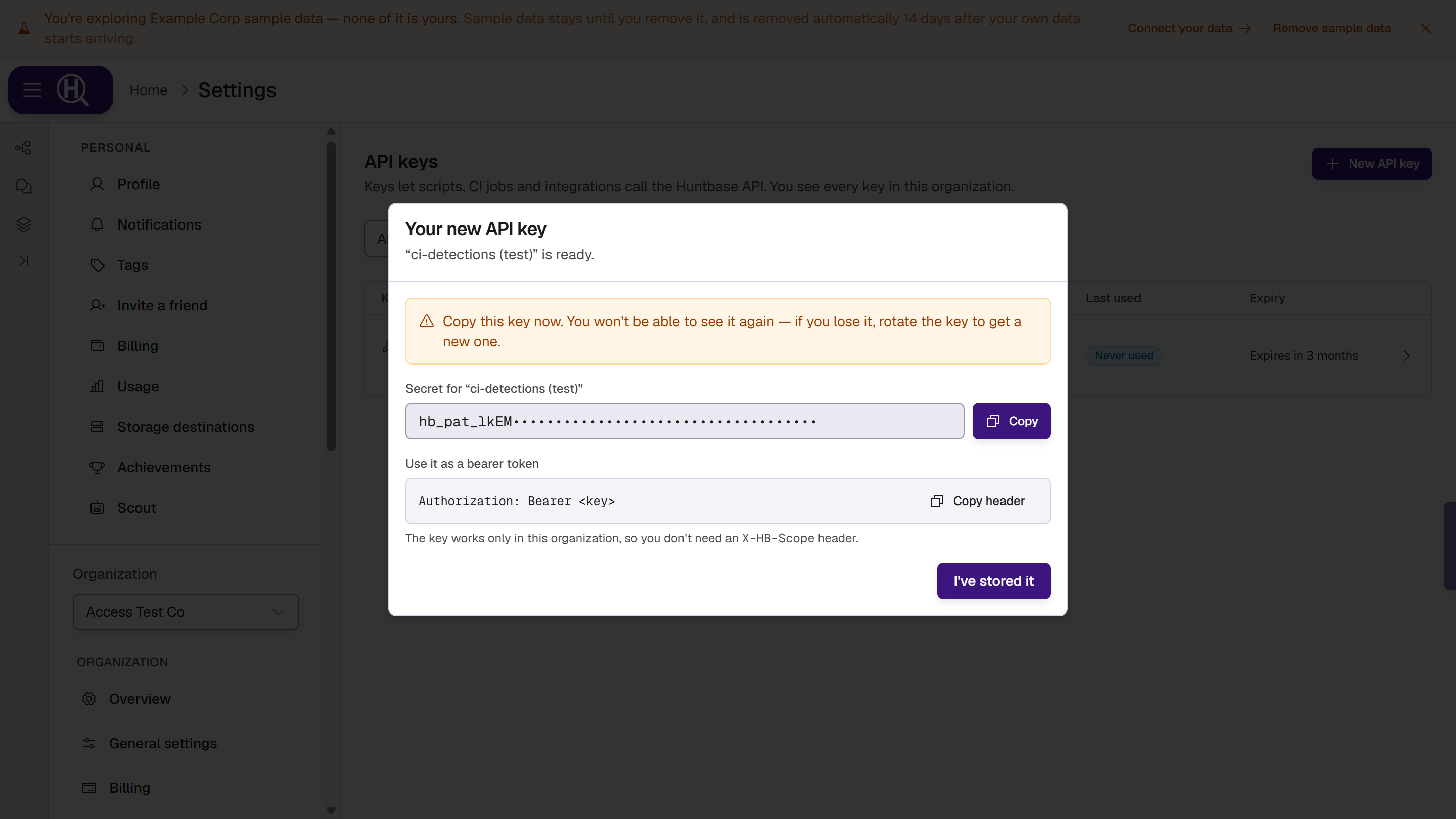 Your new API key screen with the warning, the secret (partly hidden here) with Copy, the Authorization: Bearer usage with Copy header, and I've stored it