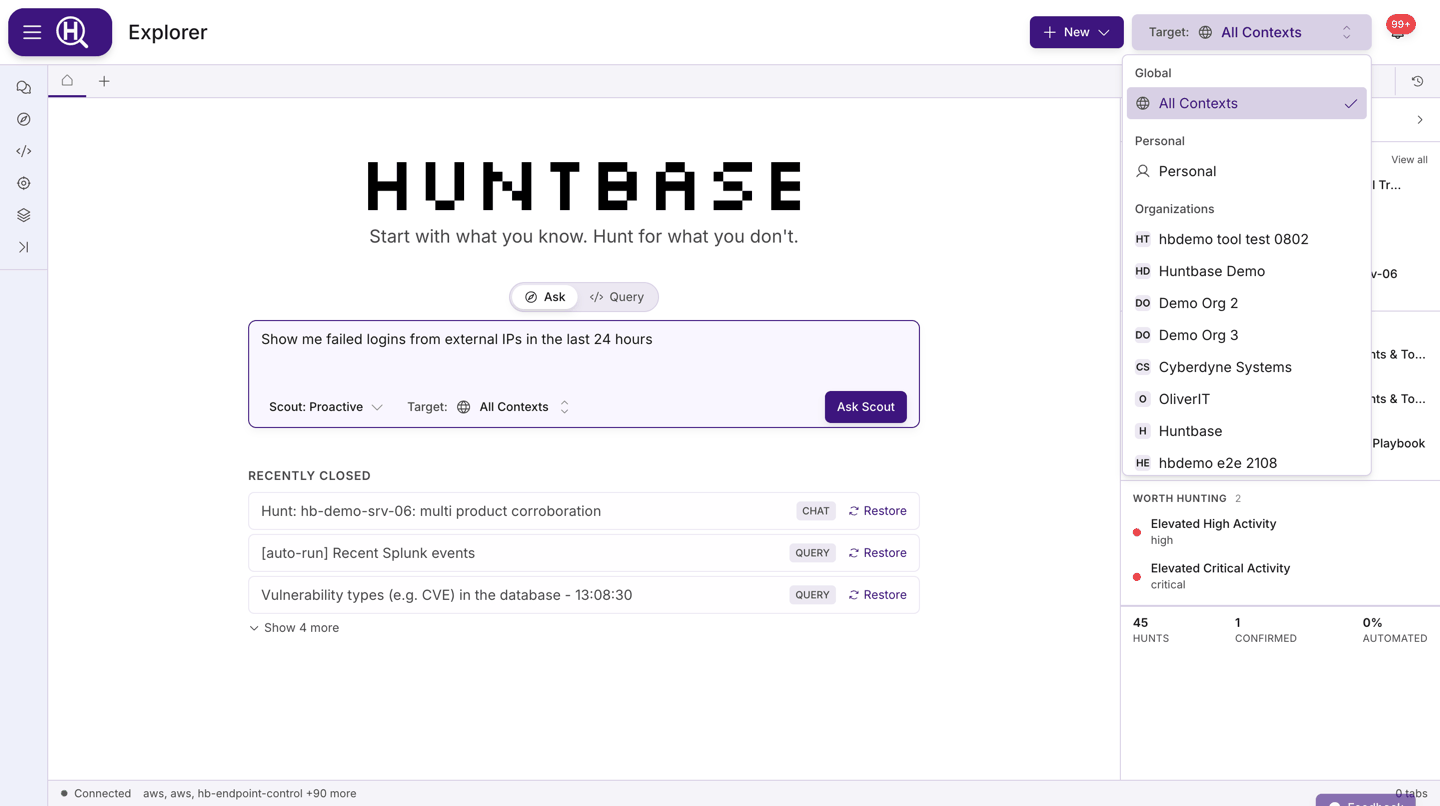 Target selector open in the page header showing Personal, an organization, and All Contexts