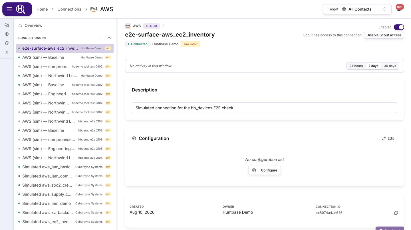 Connection page header: inline-editable name, health chip, Enabled switch, Scout access button, stats panel below