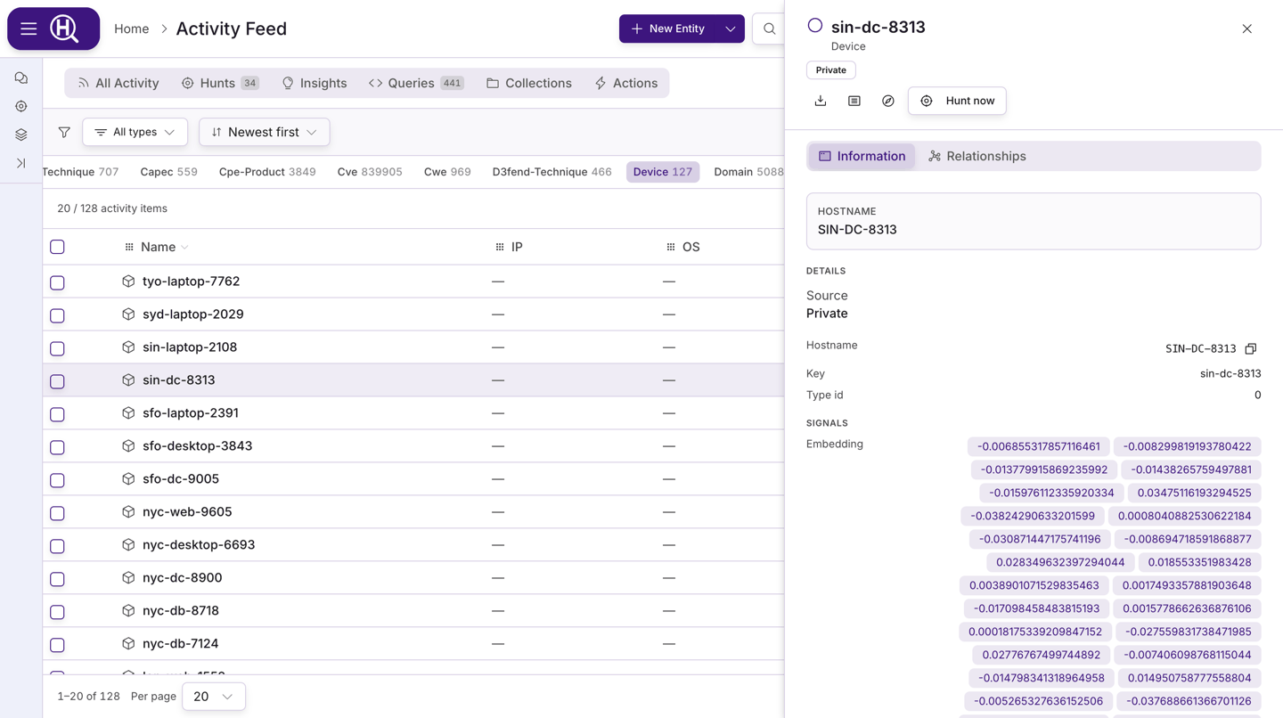 Entity detail panel with Details, Tags, Provenance, and Related Queries sections