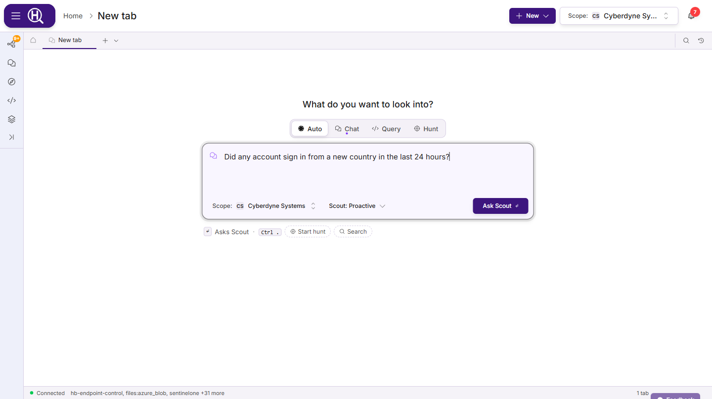A new tab with the Auto, Chat, Query and Hunt switch, a question typed in the input, and the line under it offering Start hunt and Search