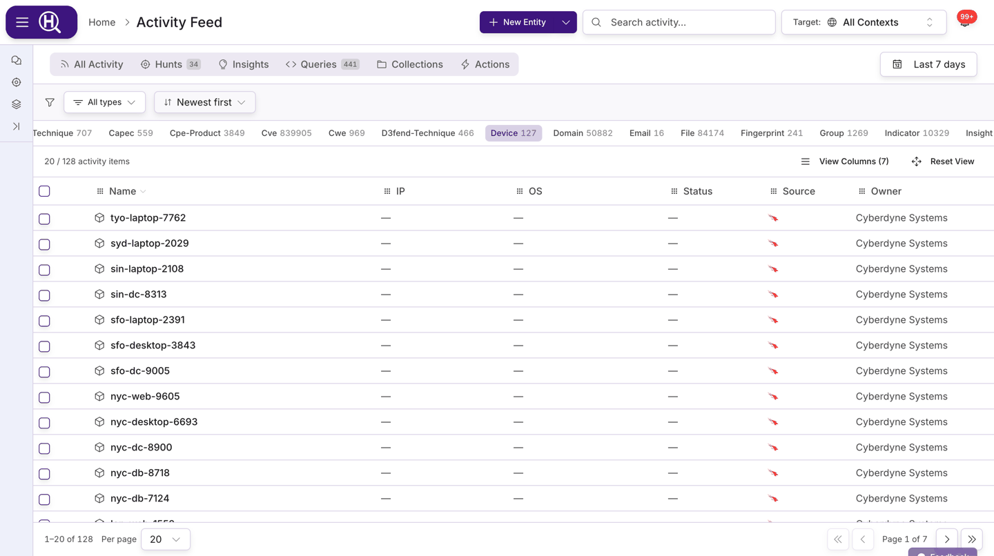 Entities open in the Activity Feed with Type chips and counts, one row selected
