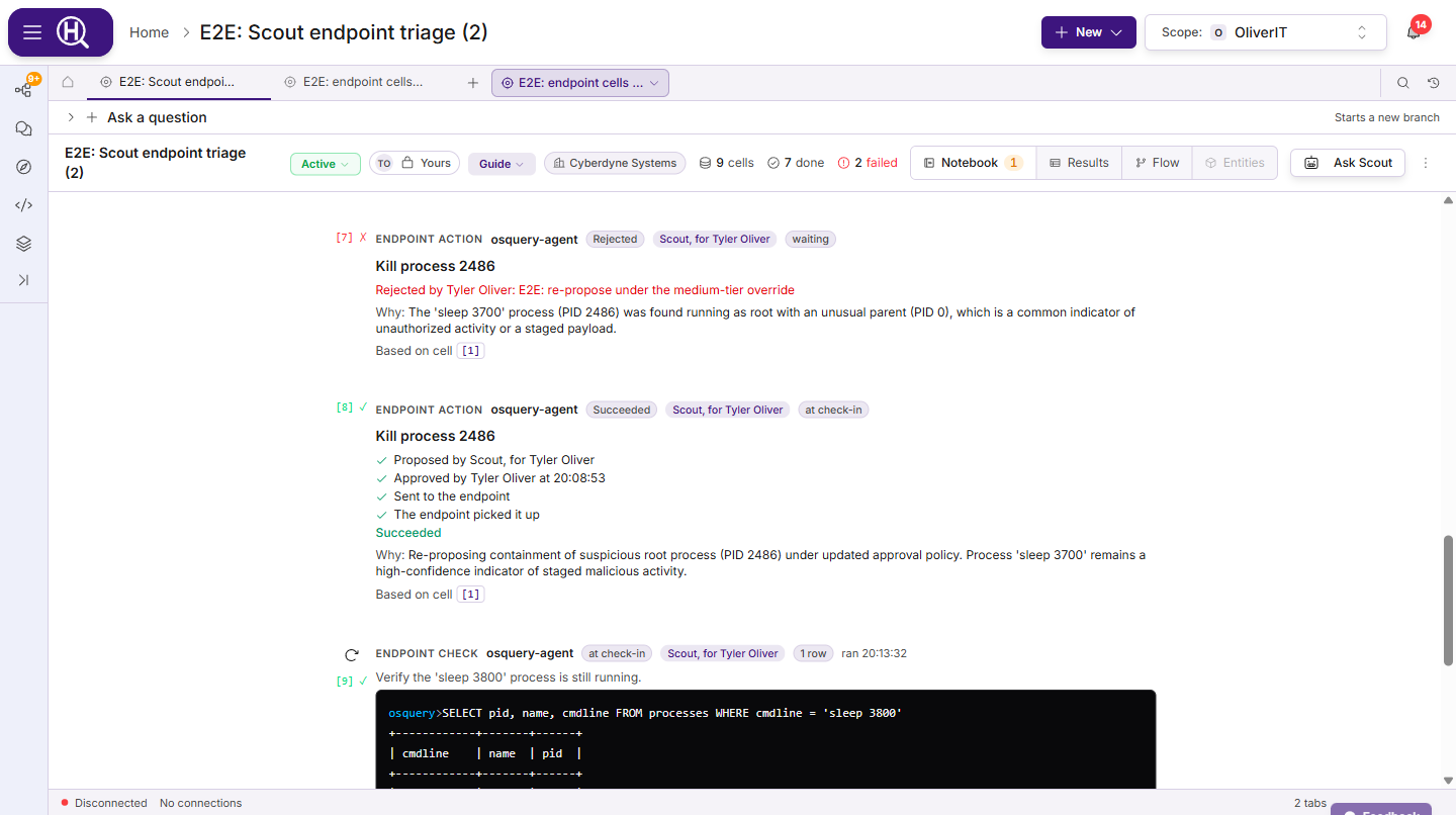 Two Kill process endpoint actions proposed by Scout: the first rejected with its reason, the second approved, sent to the endpoint and succeeded, each with its Why and the cell it is based on