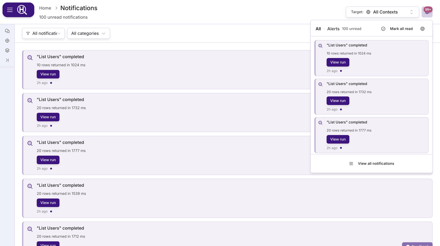Header bell with unread badge and the dropdown open on the All tab