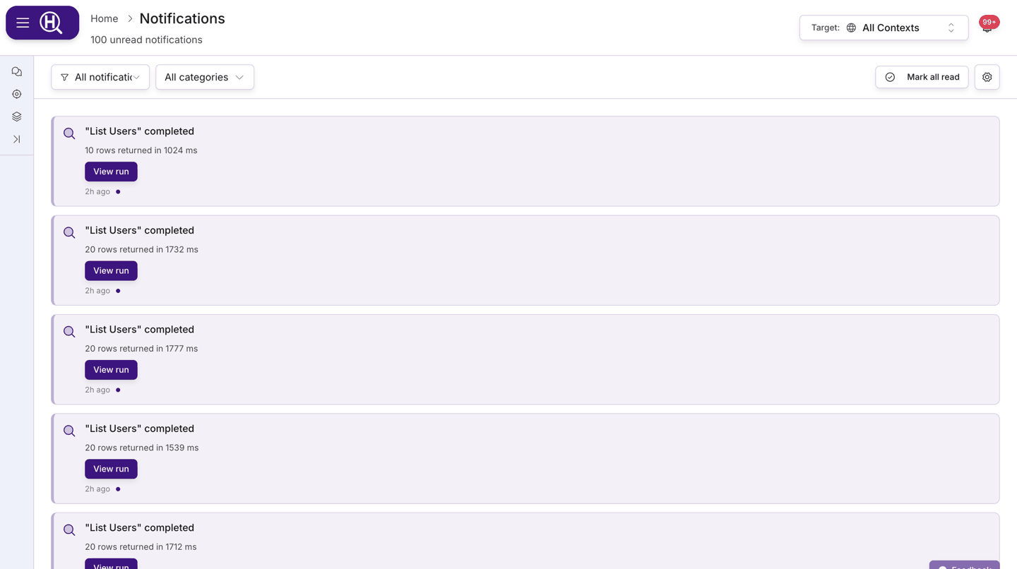 Notifications page with the filter and category selects and a list of items
