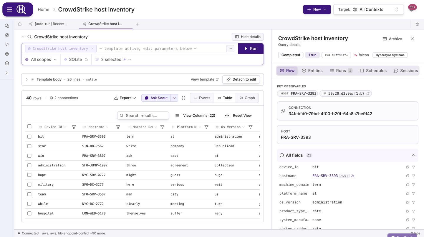 Row detail panel open beside the table, showing key observables and the All fields section