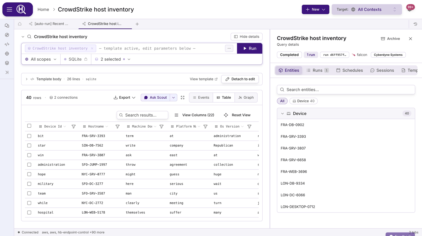 A query tab with the query bar, a filled parameter strip, and a table of results underneath