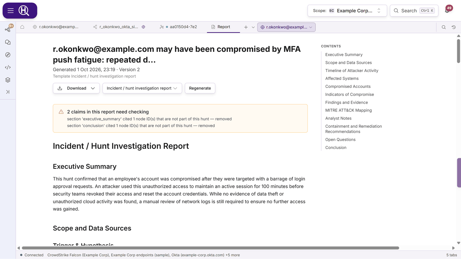 A generated report using the Incident / hunt investigation report template: header with Download, the template picker and Regenerate, a caveats box, the executive summary and a contents list