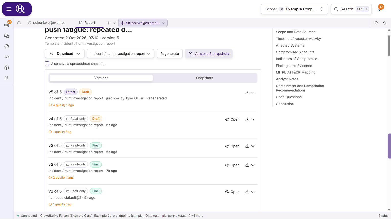 The Report tab with Versions & snapshots open: v5 of 5 marked Latest and Draft, Regenerated by an analyst just now, and v4 to v1 marked Read-only, each with Open and download