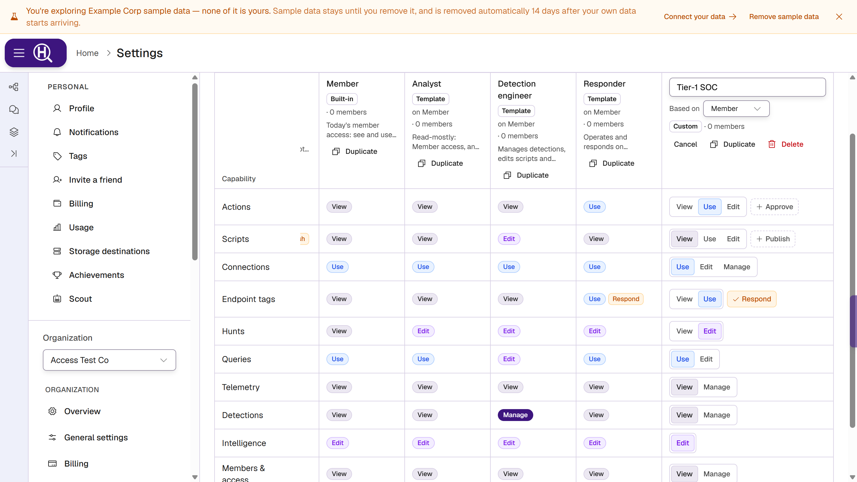 A custom role, Tier-1 SOC, being edited in its column: Based on Member, with level selectors and the Approve, Publish and Respond toggles