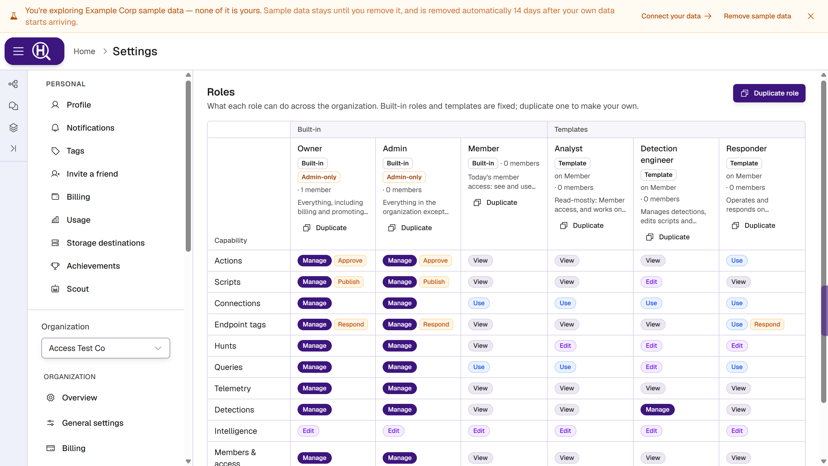 Roles page: the matrix of Owner, Admin, Member and the Analyst, Detection engineer and Responder templates, with a level and abilities per capability