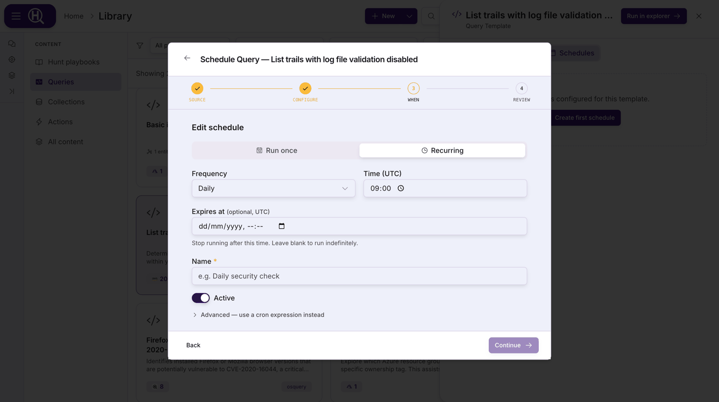 The When step showing Run once / Recurring tabs, Frequency and Time (UTC), and the Expires at field
