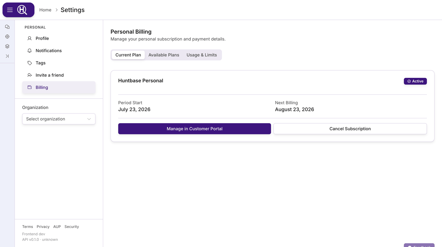 Settings › Personal › Billing showing the Current Plan / Available Plans / Usage &amp; Limits tabs