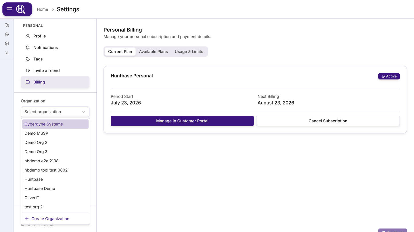 Organization dropdown expanded, showing organizations and the Create Organization entry