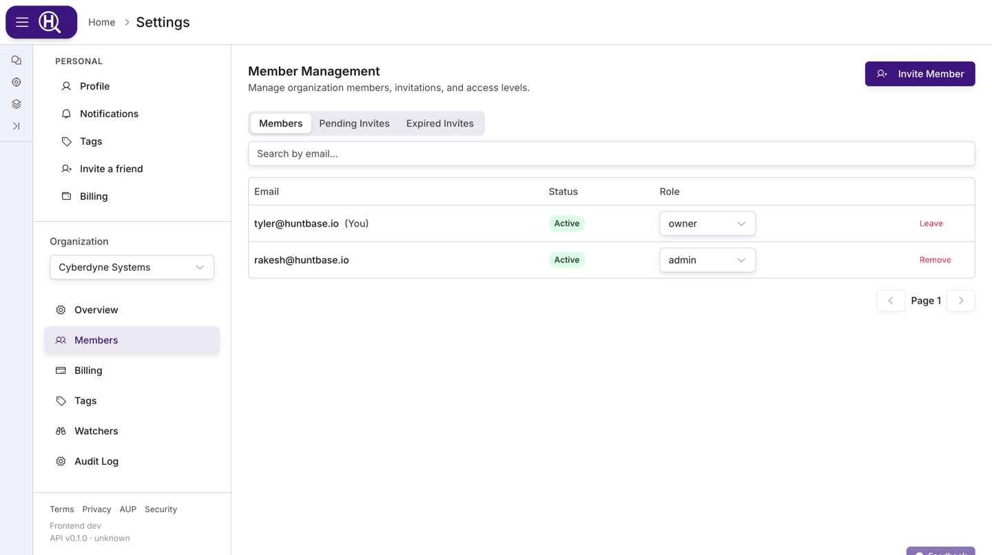 Members tab with the member table, role selects, and the Invite Member button