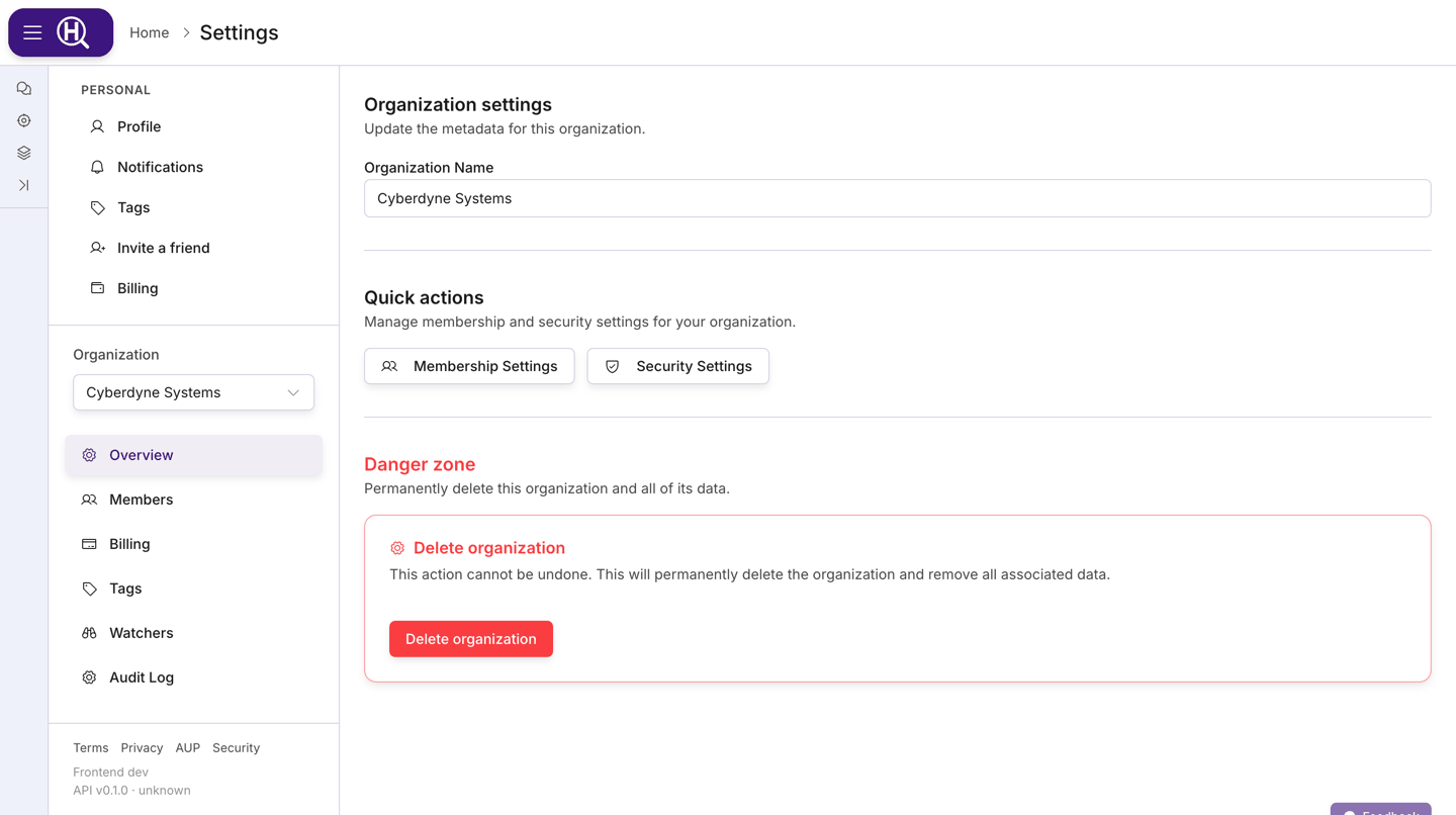 Settings › [Organization] › Overview showing Organization settings, Quick actions, and Danger zone