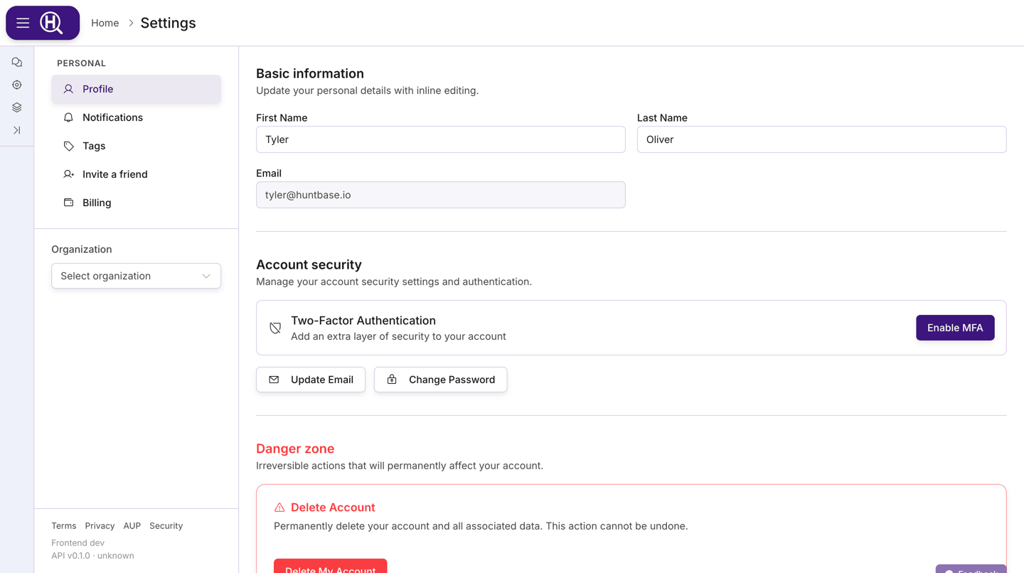 Settings › Personal › Profile showing Basic information, Account security, and Danger zone