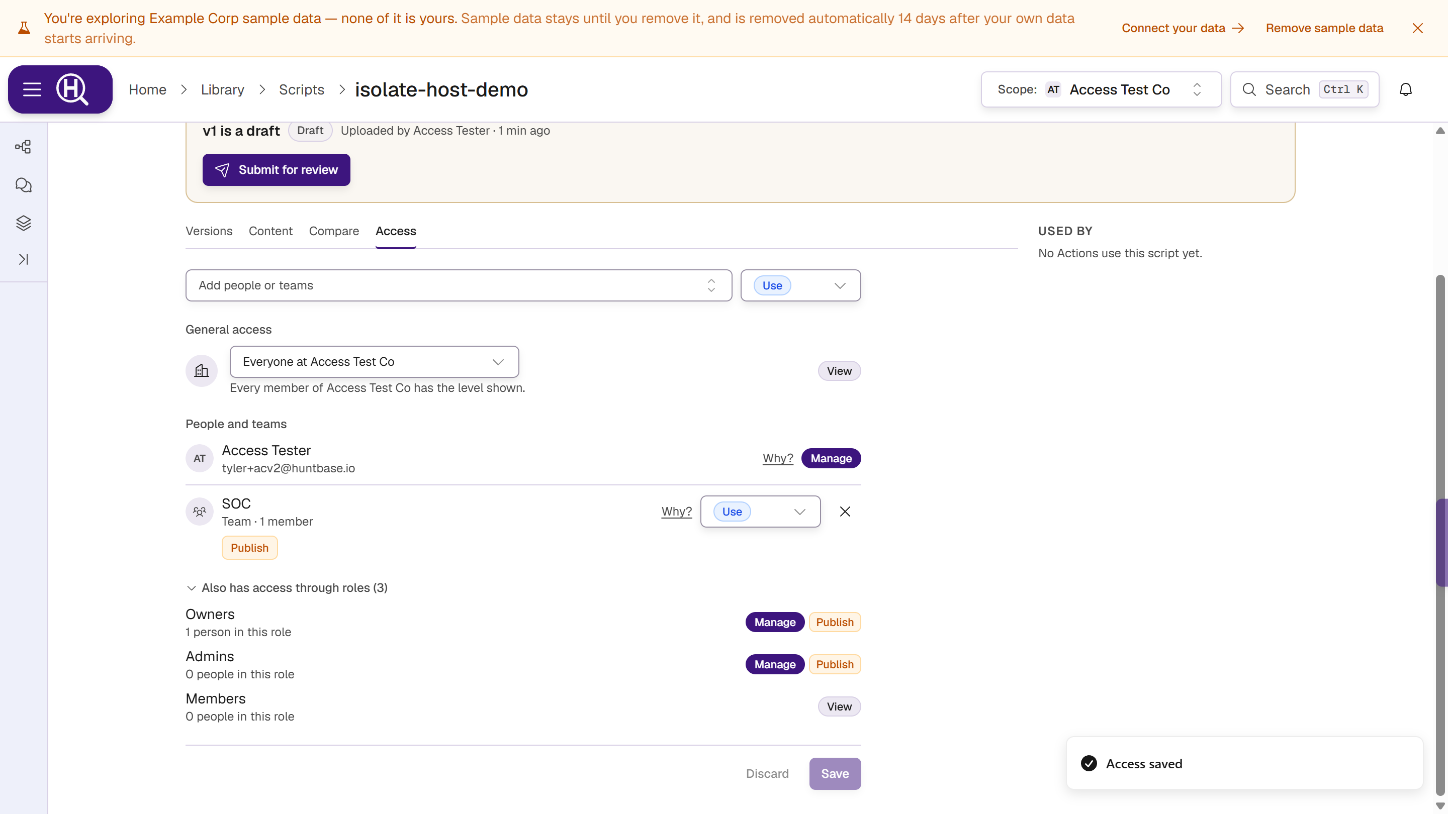 The Share panel on a script's Access tab: the SOC team has Use and Publish, the creator has Manage, and the roles are expanded