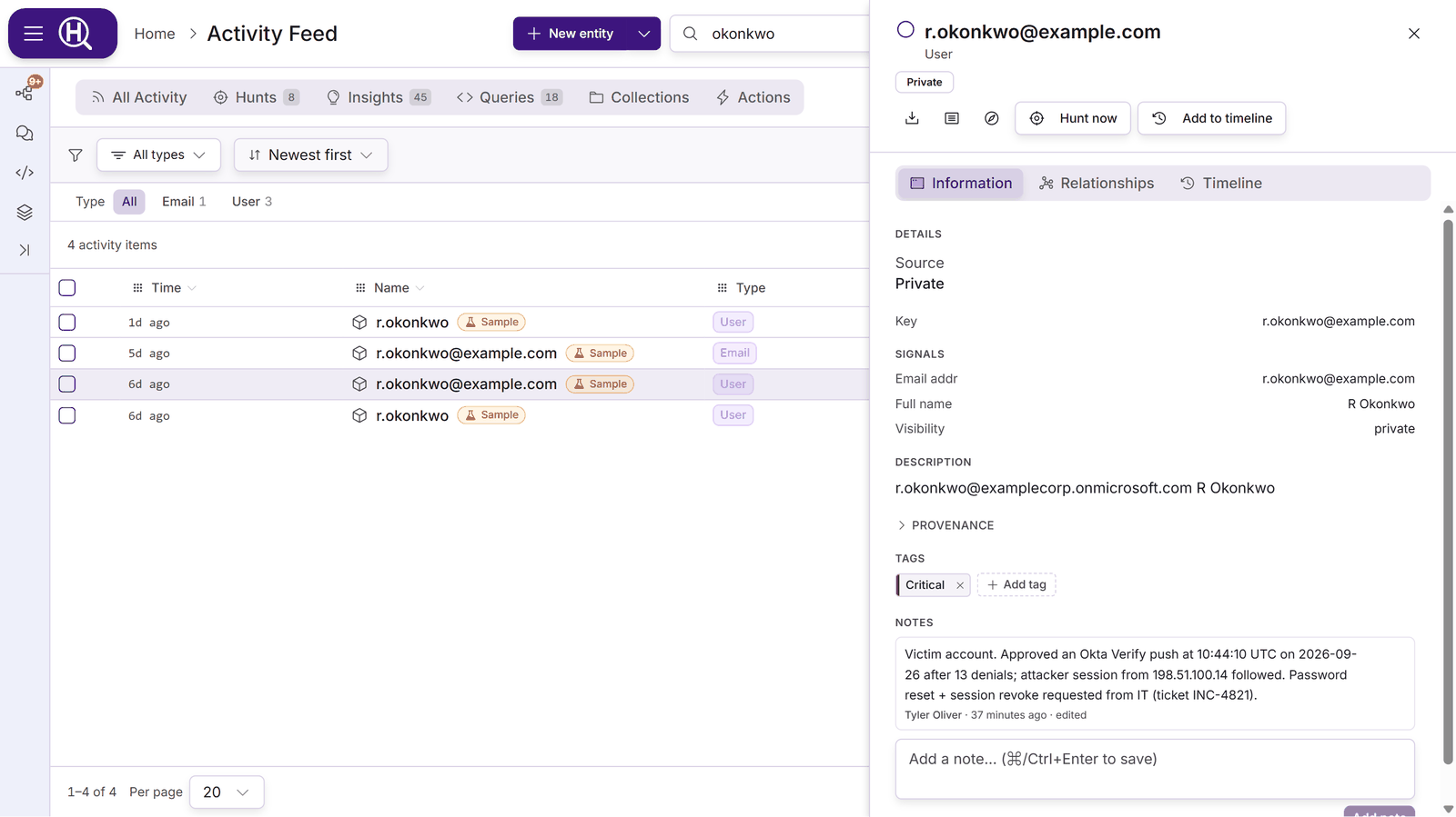An entity panel with a Critical tag under Tags, a saved note under Notes and the note box below it