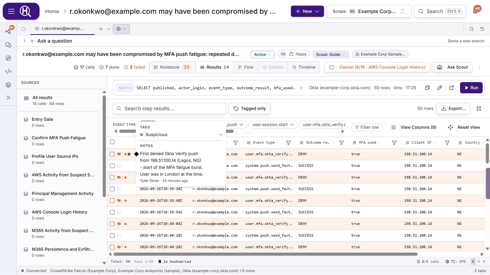 A hunt's Results view with flagged rows; hovering a row's markers shows its Suspicious tag and a note with its author and time