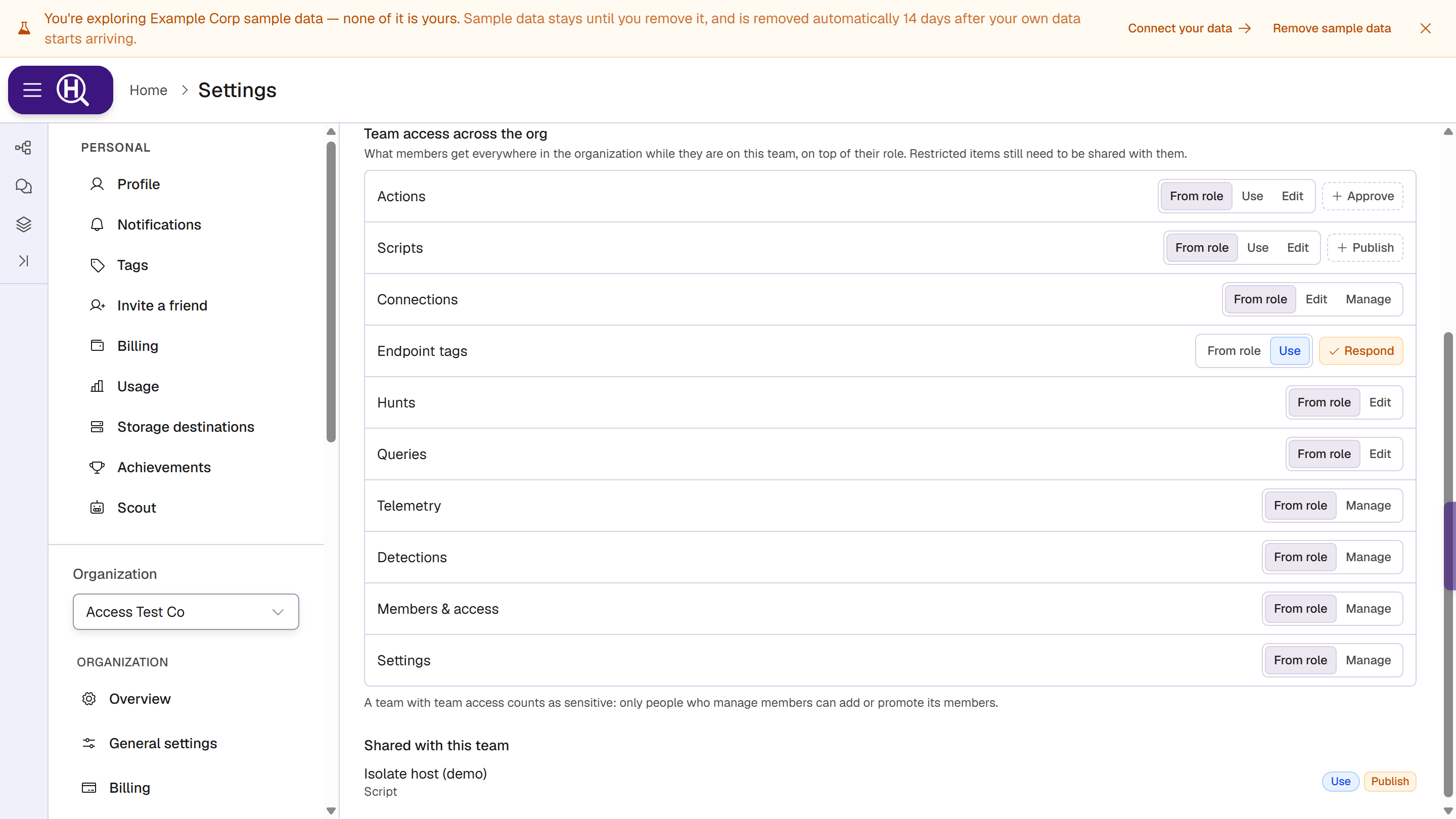 A team's Team access across the org section: Endpoint tags set to Use with Respond, every other capability on From role