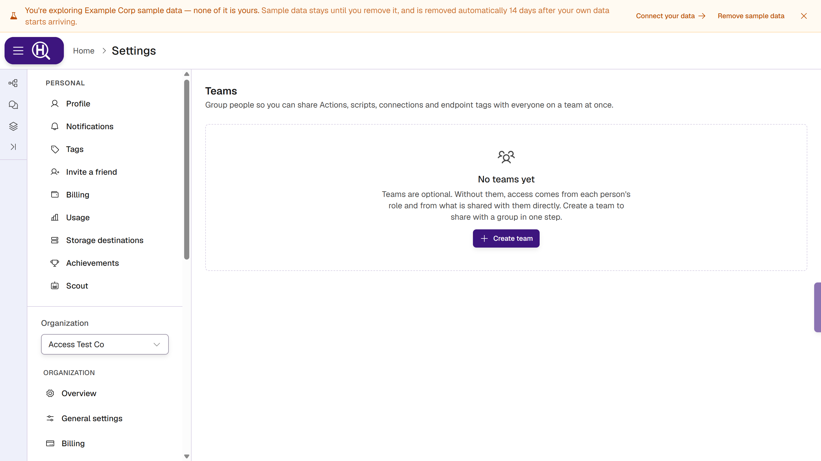 Teams page with no teams yet: the explainer and the Create team button