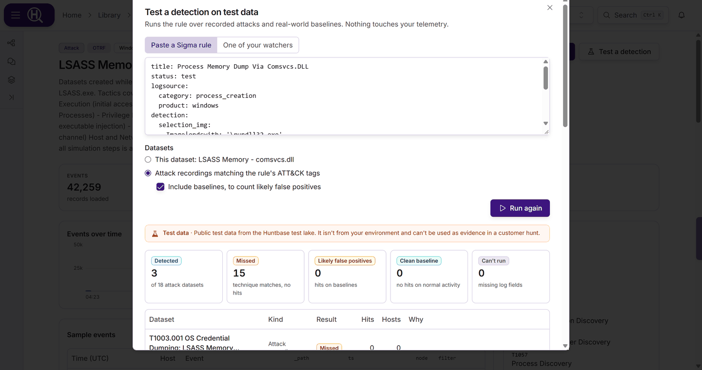 Test a detection on test data: a pasted Sigma rule, the dataset choice, and the summary tiles and results table