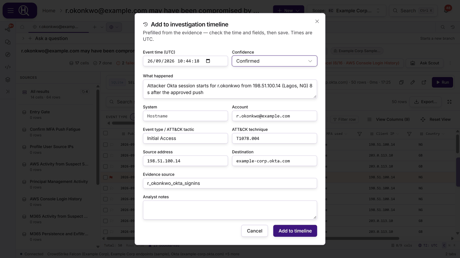 The Add to investigation timeline dialog prefilled from an Okta row: event time, Confirmed confidence, what happened, account, tactic, technique, source address, destination and evidence source