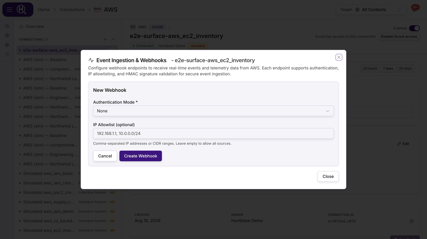 Create Webhook form with the Authentication Mode dropdown open and the IP Allowlist field