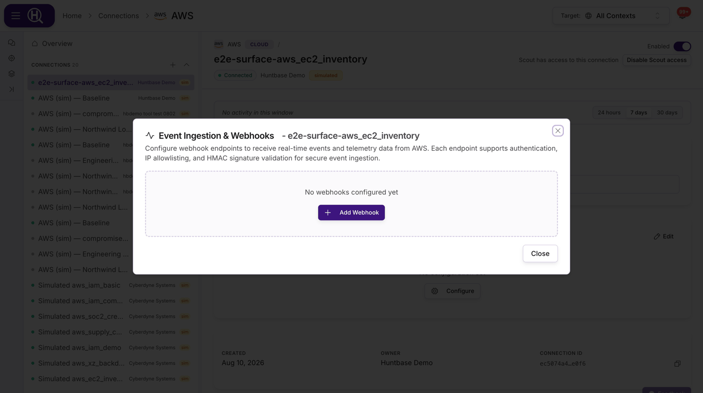 Event Ingestion & Webhooks modal showing the endpoint table with an ingest URL, status, auth, health and action icons